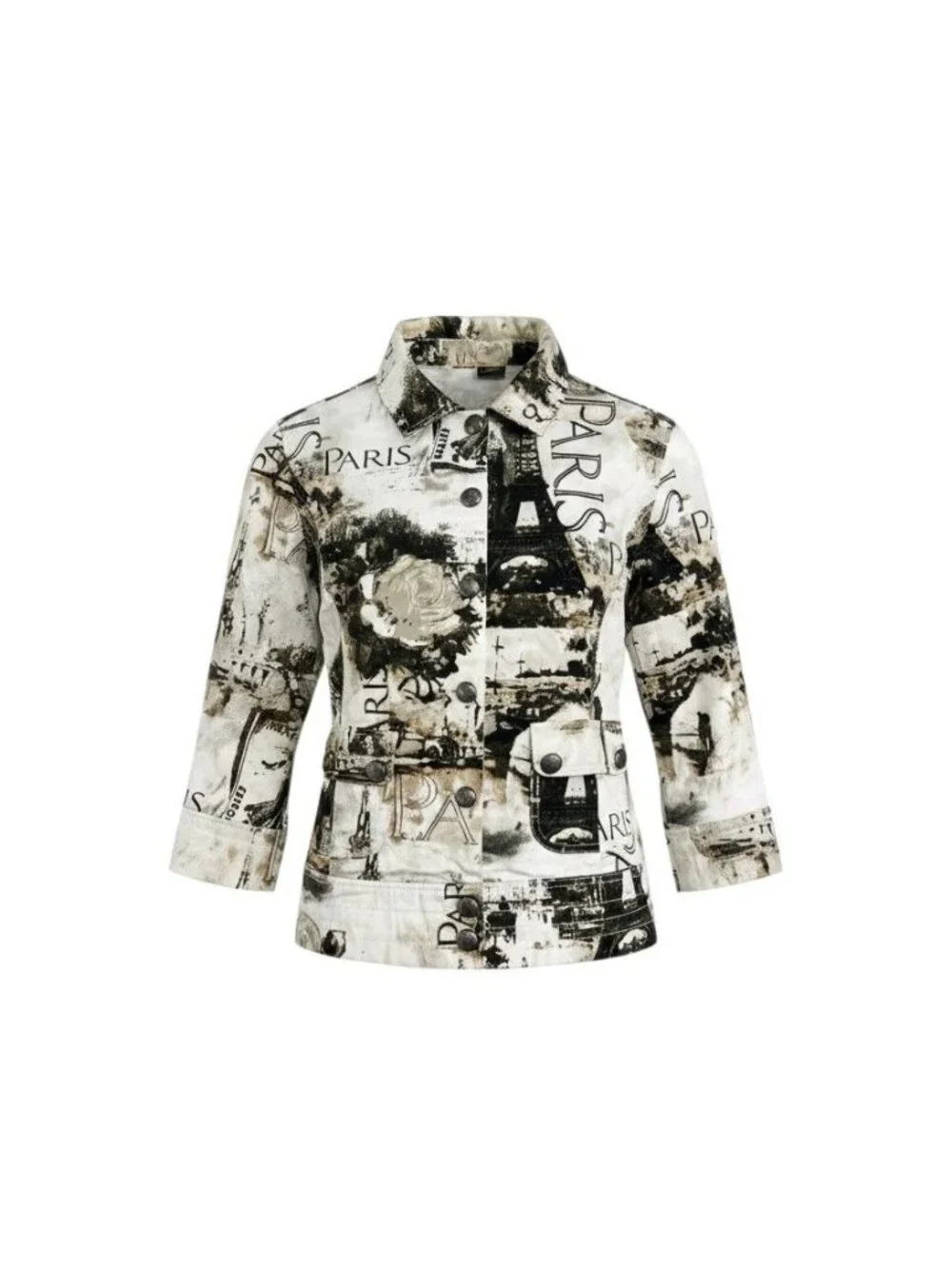 Womens Cream Black Paris Eiffel Tower Print Button Front Jacket Small